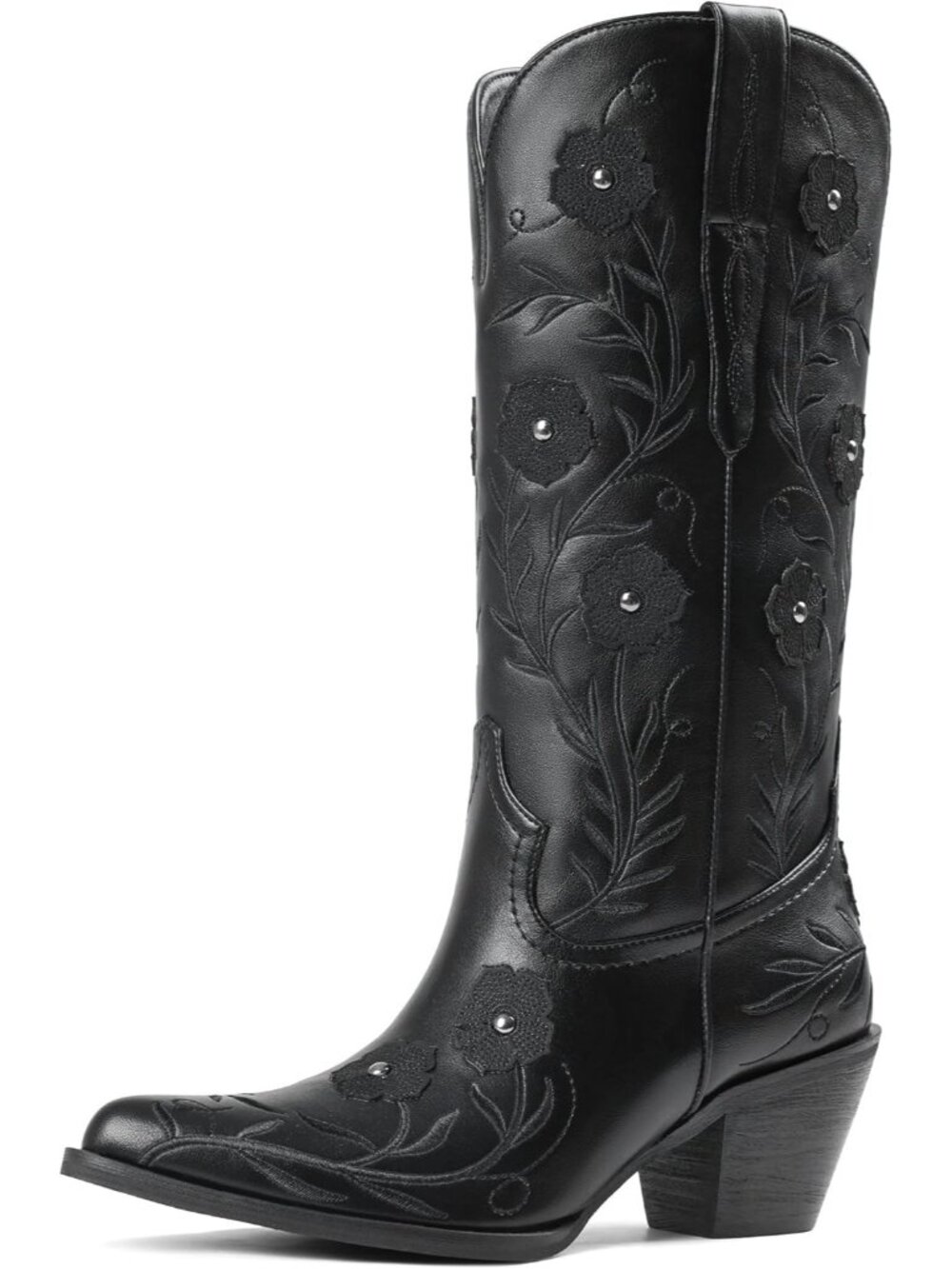 Women's Black Wide Calf Chunky Block Heel Pointed Toe Flower Embroidered Boots